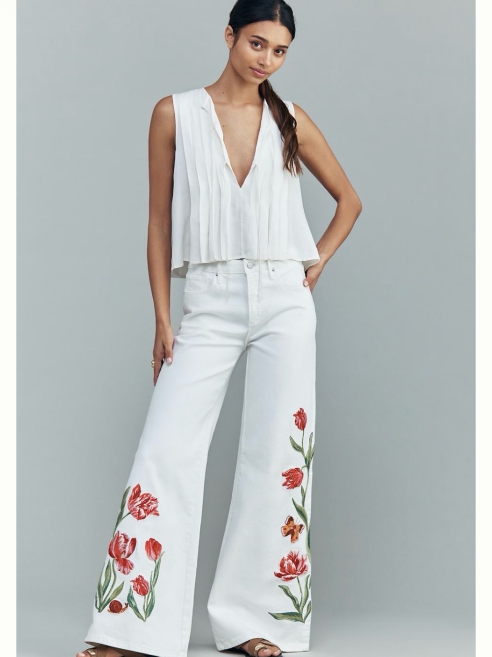 DRIFTWOOD White Wide-Leg Jeans with Red Floral Embroidery
